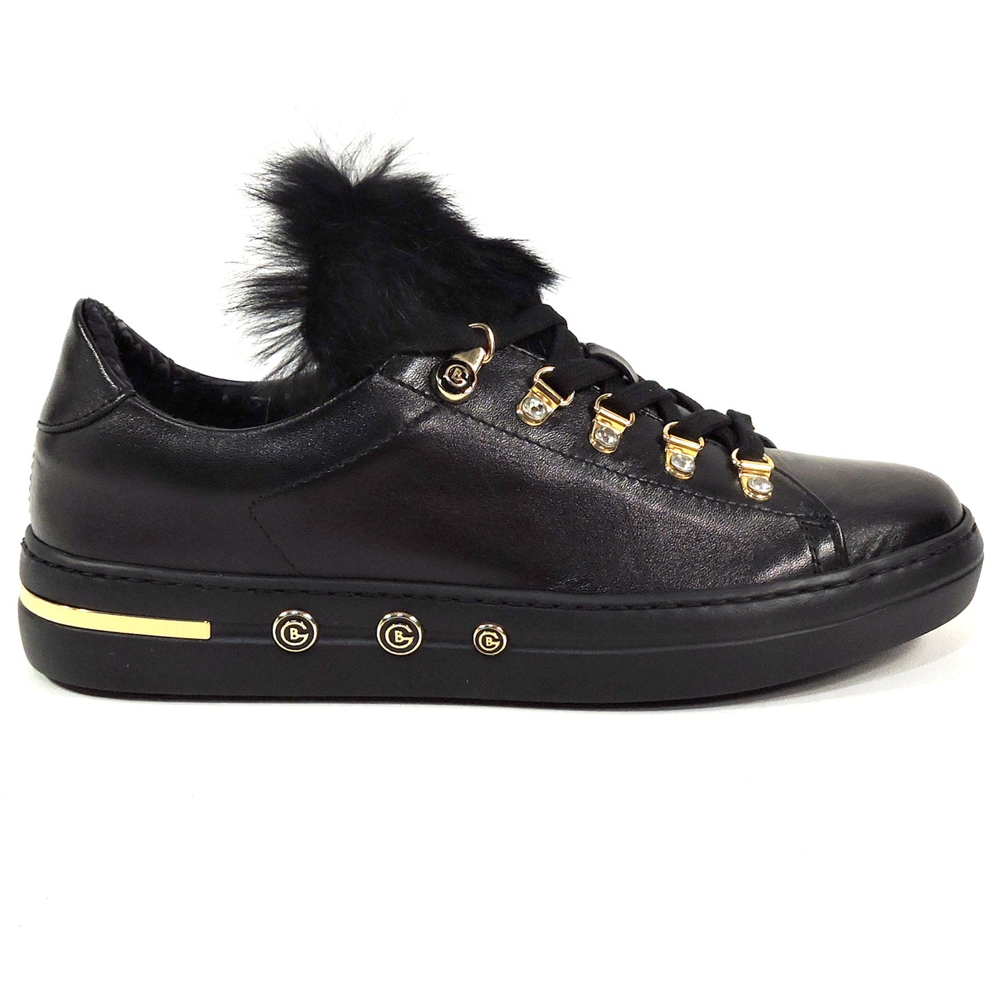 BALDININI 🇮🇹 WOMEN'S BLACK SOFT LEATHER FUR TRIM FASHION SNEAKERS