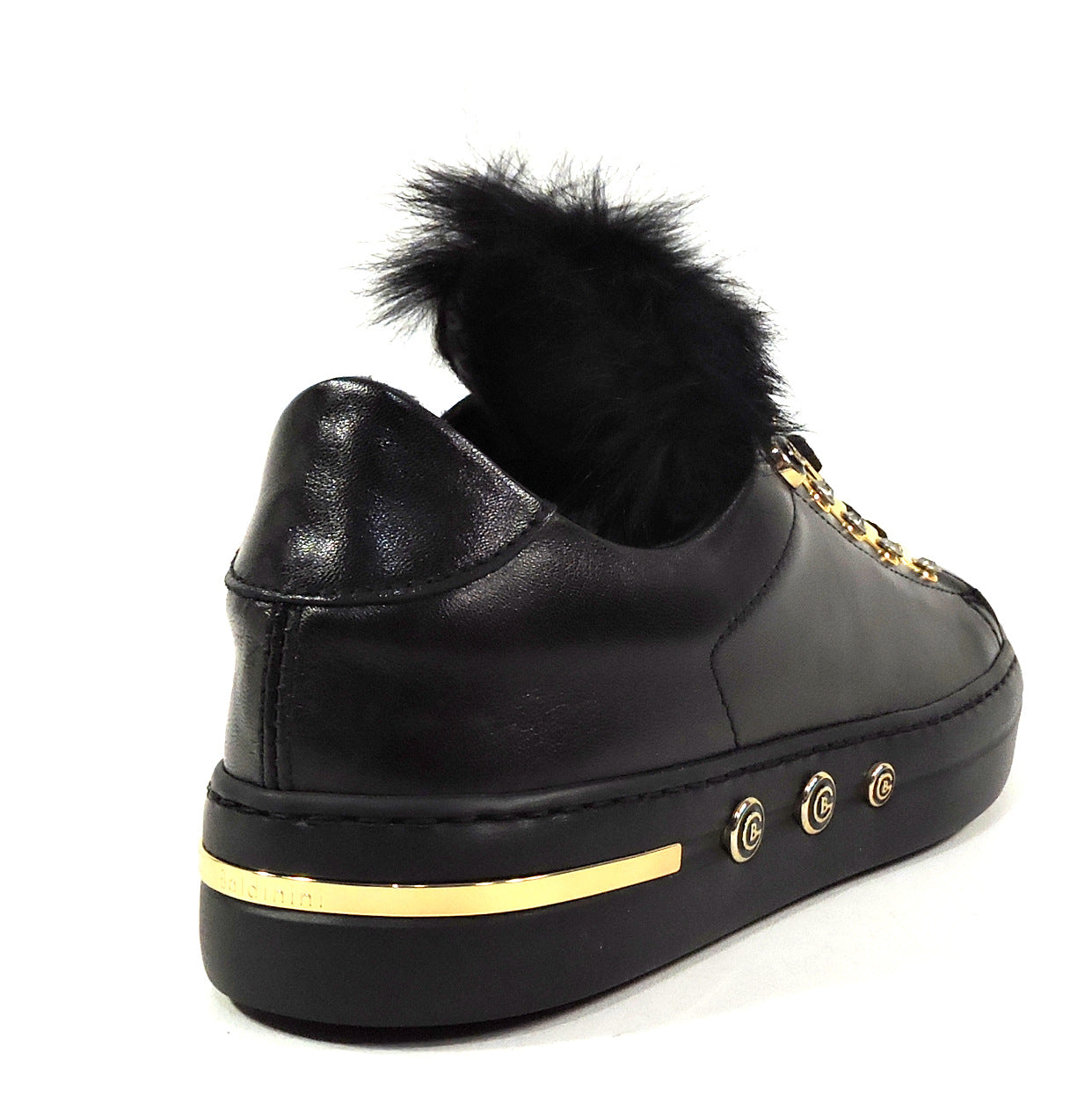 BALDININI 🇮🇹 WOMEN'S BLACK SOFT LEATHER FUR TRIM FASHION SNEAKERS
