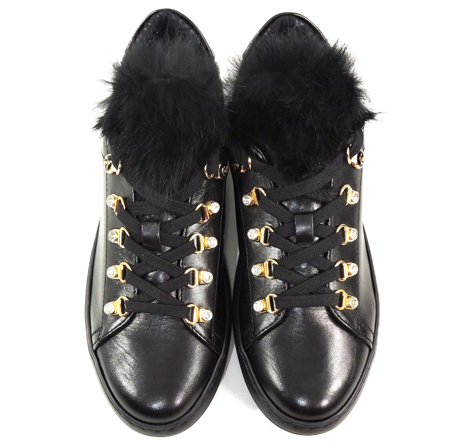BALDININI 🇮🇹 WOMEN'S BLACK SOFT LEATHER FUR TRIM FASHION SNEAKERS