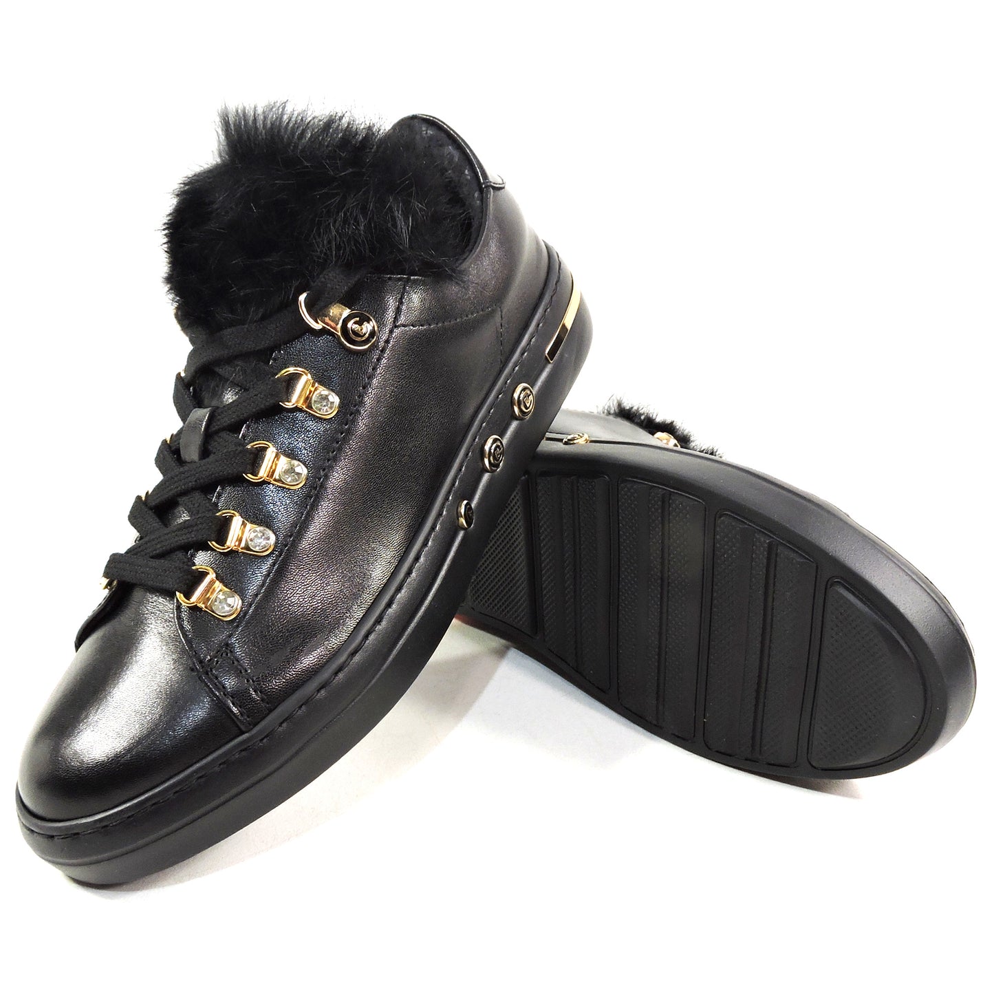 BALDININI 🇮🇹 WOMEN'S BLACK SOFT LEATHER FUR TRIM FASHION SNEAKERS