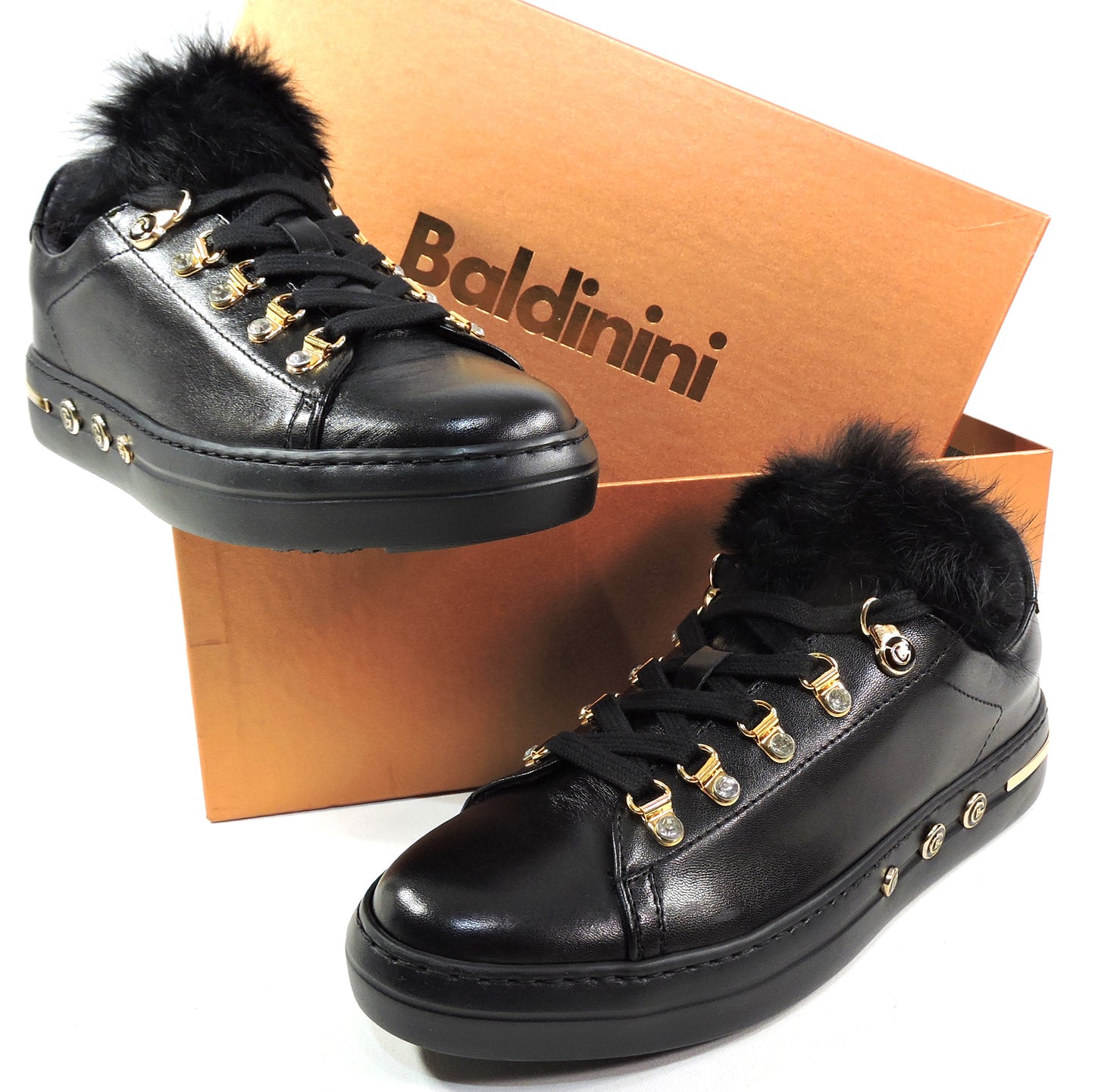 BALDININI 🇮🇹 WOMEN'S BLACK SOFT LEATHER FUR TRIM FASHION SNEAKERS