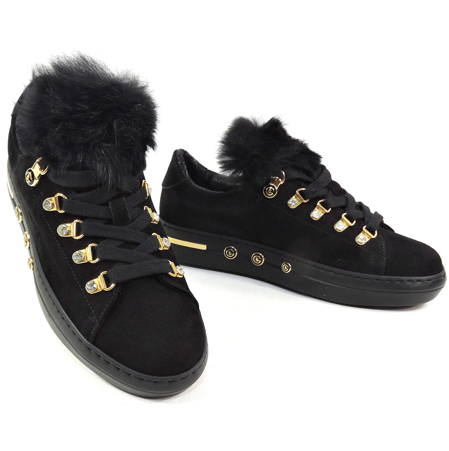 BALDININI ๐ฎ๐น WOMEN'S BLACK SOFT SUEDE FUR TRIM FASHION SNEAKERS