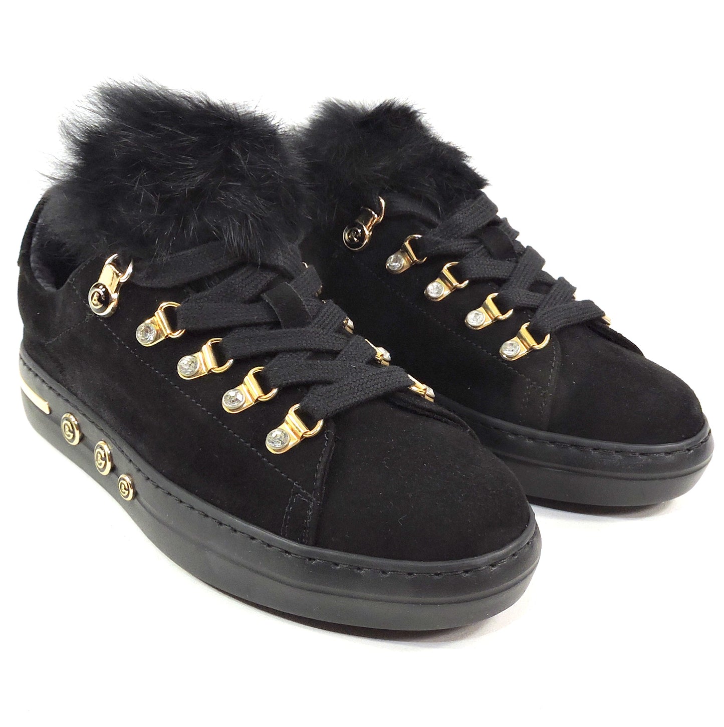 BALDININI ๐ฎ๐น WOMEN'S BLACK SOFT SUEDE FUR TRIM FASHION SNEAKERS