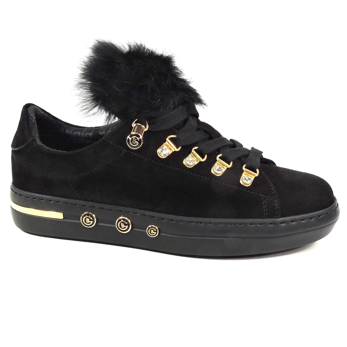 BALDININI ๐ฎ๐น WOMEN'S BLACK SOFT SUEDE FUR TRIM FASHION SNEAKERS