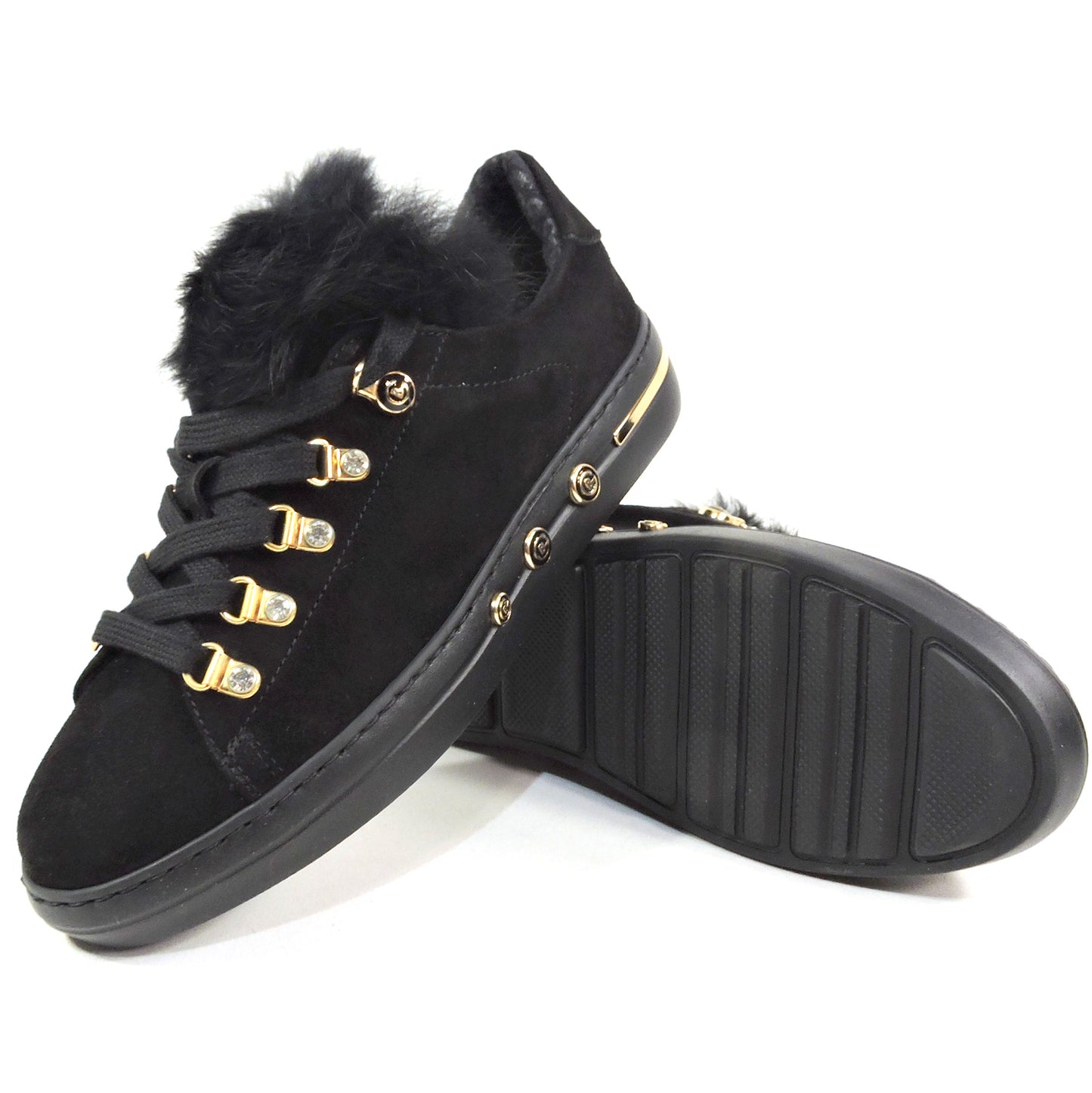 BALDININI ๐ฎ๐น WOMEN'S BLACK SOFT SUEDE FUR TRIM FASHION SNEAKERS