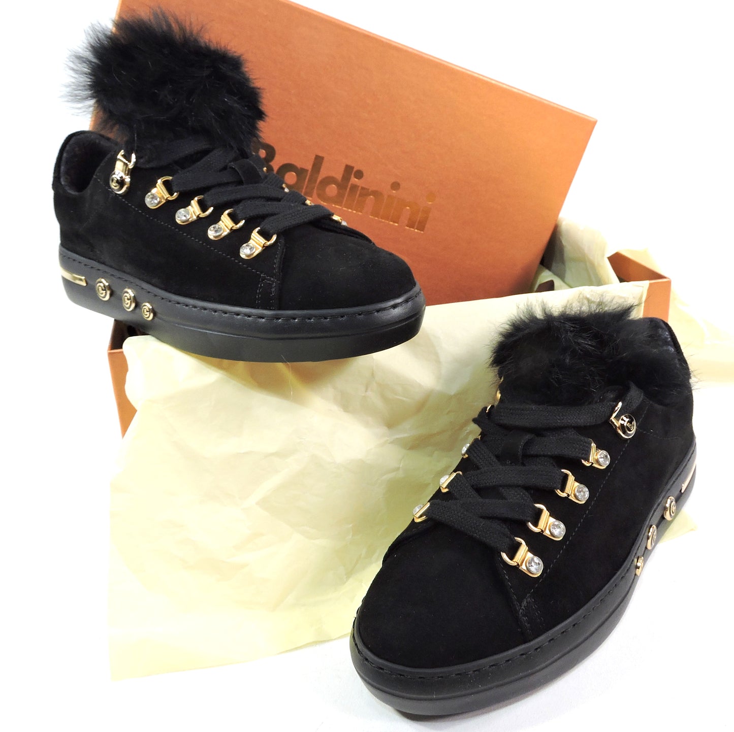 BALDININI ๐ฎ๐น WOMEN'S BLACK SOFT SUEDE FUR TRIM FASHION SNEAKERS