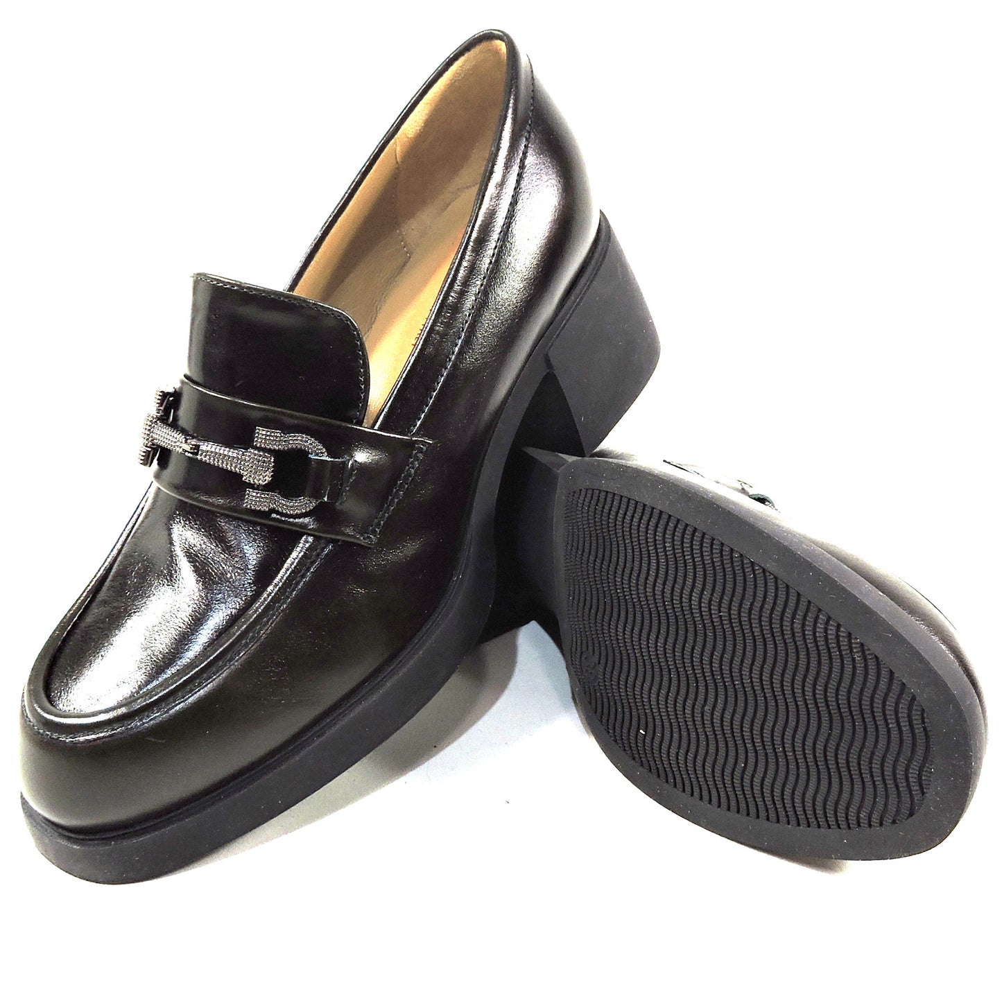 CHIARA COLINI 🇮🇹 WOMEN'S BLACK SOFT LEATHER COMFORT HEEL LOAFERS
