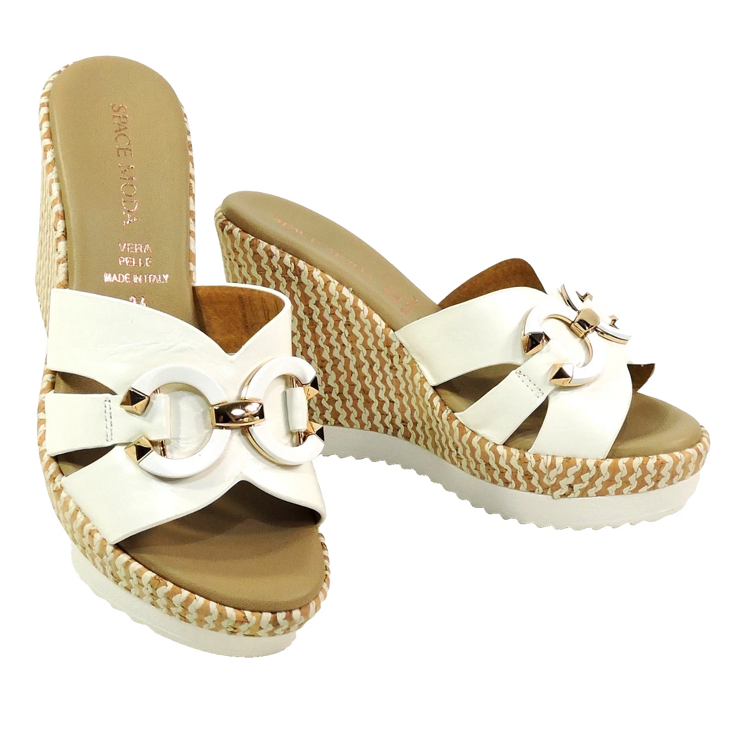 SPACE MODA BY REPO 🇮🇹 WOMEN'S WHITE SOFT LEATHER COMFORT SUMMER WEDGE MULES