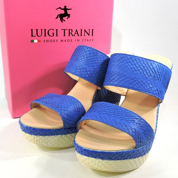 LUIGI TRAINI 🇮🇹 WOMENS BLUE GENUINE PYTHON SKIN COMFORT WEDGE MULES