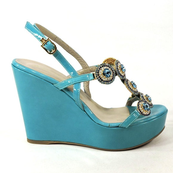 LUIGI TRAINI ๐ฎ๐น WOMEN'S BLUE PATENT LEATHER WEDGE SUMMER SANDALS