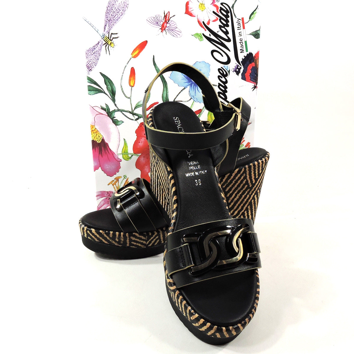 SPACE MODA PHIL GATIÈR BY REPO 🇮🇹 WOMENS BLACK LEATHER COMFORT WEDGED SANDALS