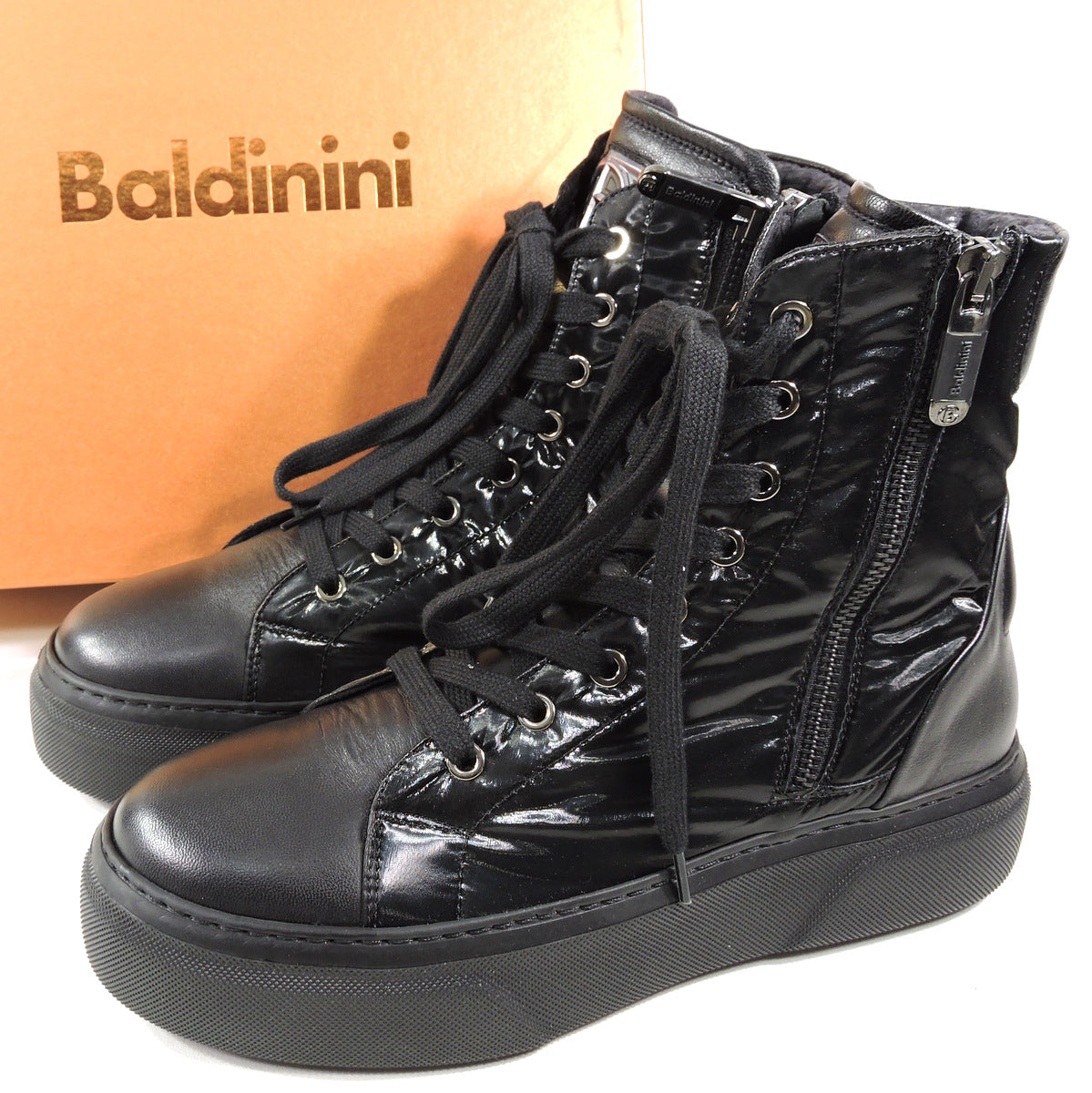 BALDININI 🇮🇹 WOMEN'S BLACK LEATHER & FABRIC WINTER FASHION BOOTIE