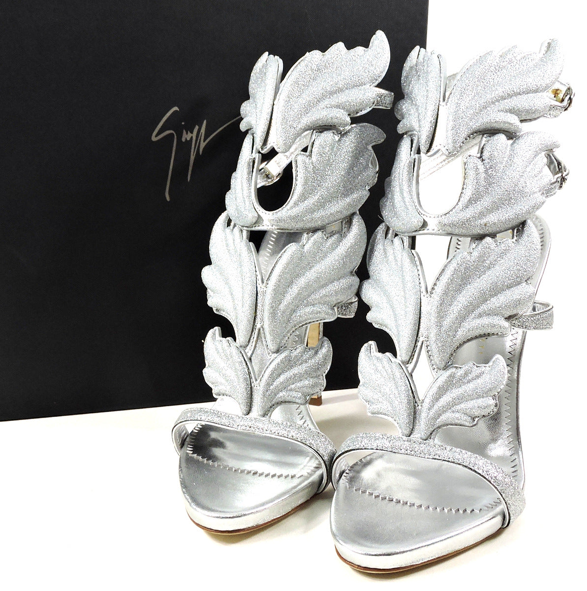 GIUSEPPE ZANOTTI š®š¹ WOMEN'S COMFORT SILVER LEATHER FASHION HEEL SANDALS