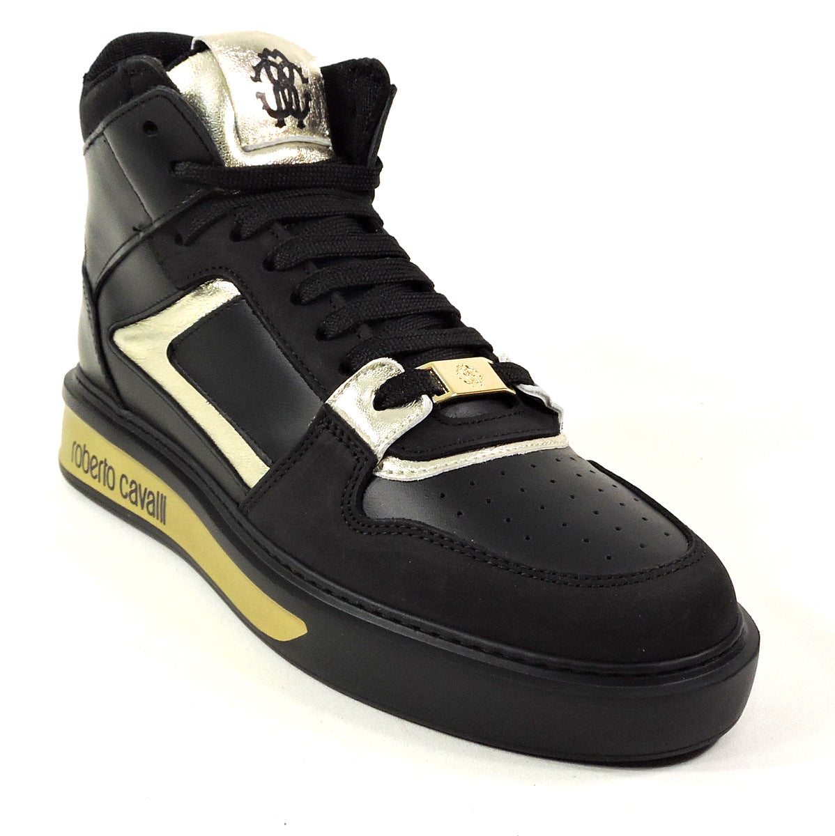 ROBERTO CAVALLI 🇮🇹 WOMEN'S BLACK LEATHER & SUEDE HI-TOP FASHION COMFORT SNEAKERS