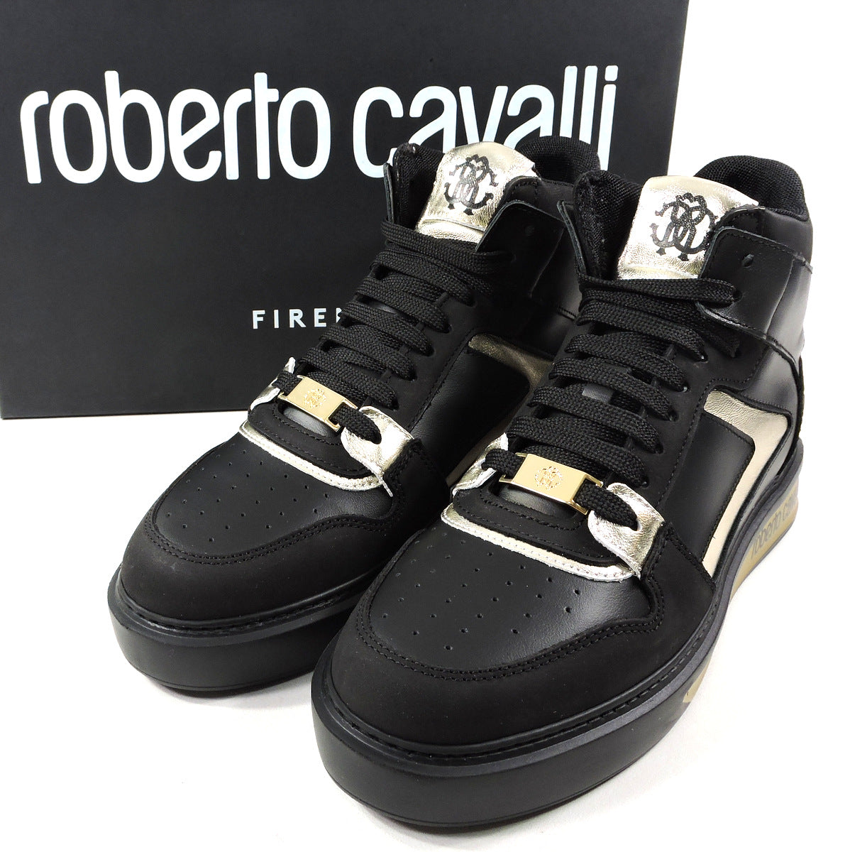 ROBERTO CAVALLI 🇮🇹 WOMEN'S BLACK LEATHER & SUEDE HI-TOP FASHION COMFORT SNEAKERS