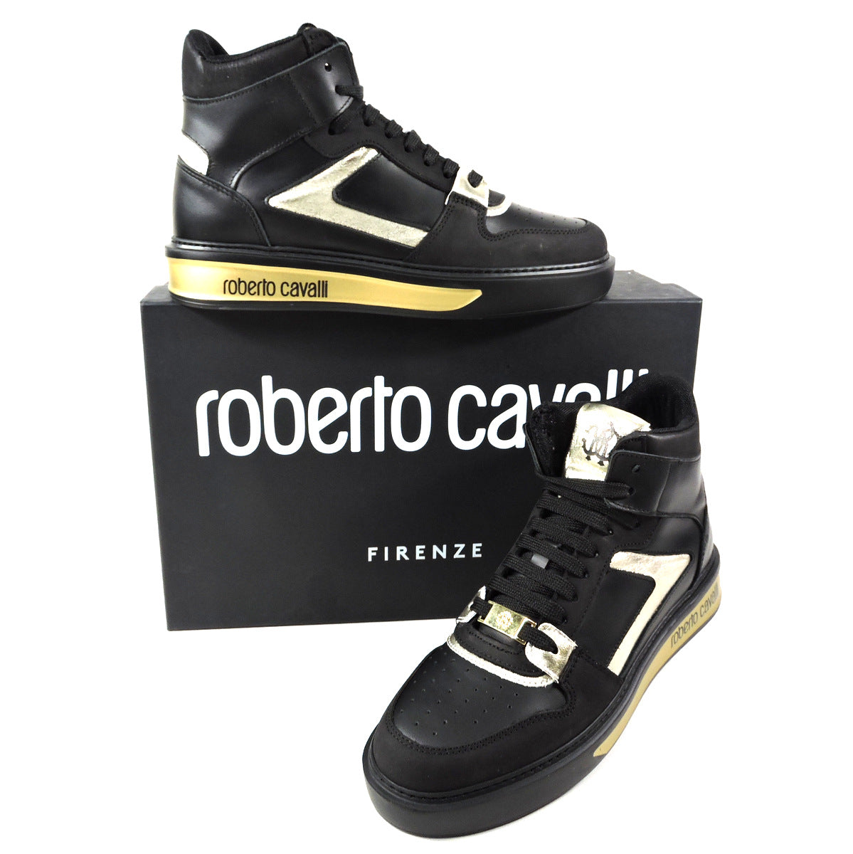 ROBERTO CAVALLI 🇮🇹 WOMEN'S BLACK LEATHER & SUEDE HI-TOP FASHION COMFORT SNEAKERS