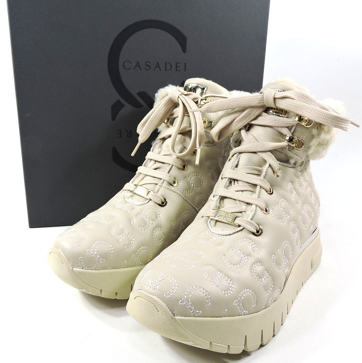 CASADEI 🇮🇹 WOMEN'S BEIGE SOFT LEATHER MERINO FUR INSIDE WINTER BOOTIE