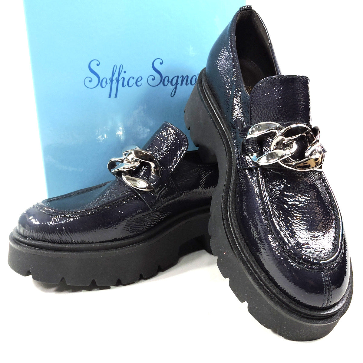 SOFFICE SOGNO 🇮🇹 WOMEN'S NAVY BLUE PATENT LEATHER FASHION LOAFERS