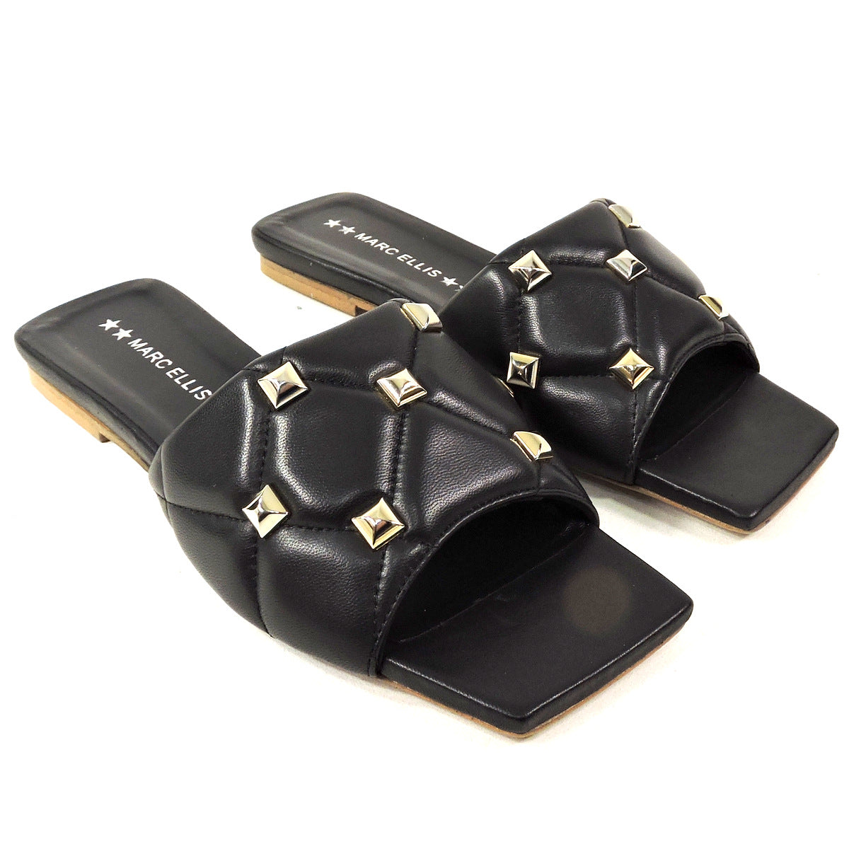 MARC ELLIS 🇮🇹 WOMEN'S BLACK LEATHER FASHION FLAT SUMMER MULES