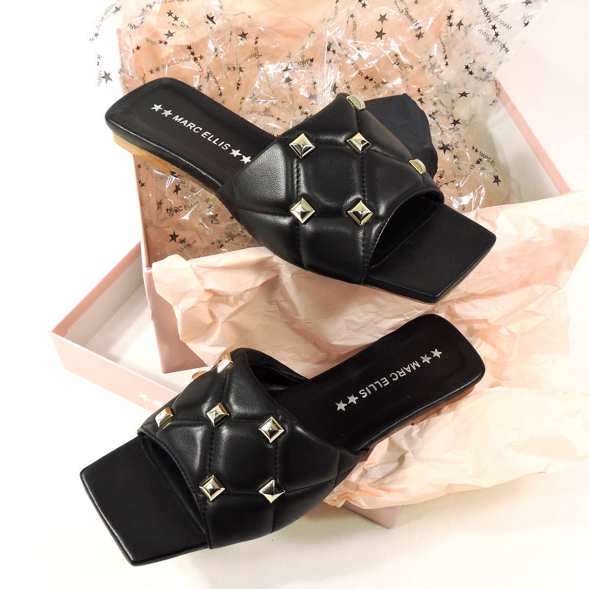 MARC ELLIS 🇮🇹 WOMEN'S BLACK LEATHER FASHION FLAT SUMMER MULES