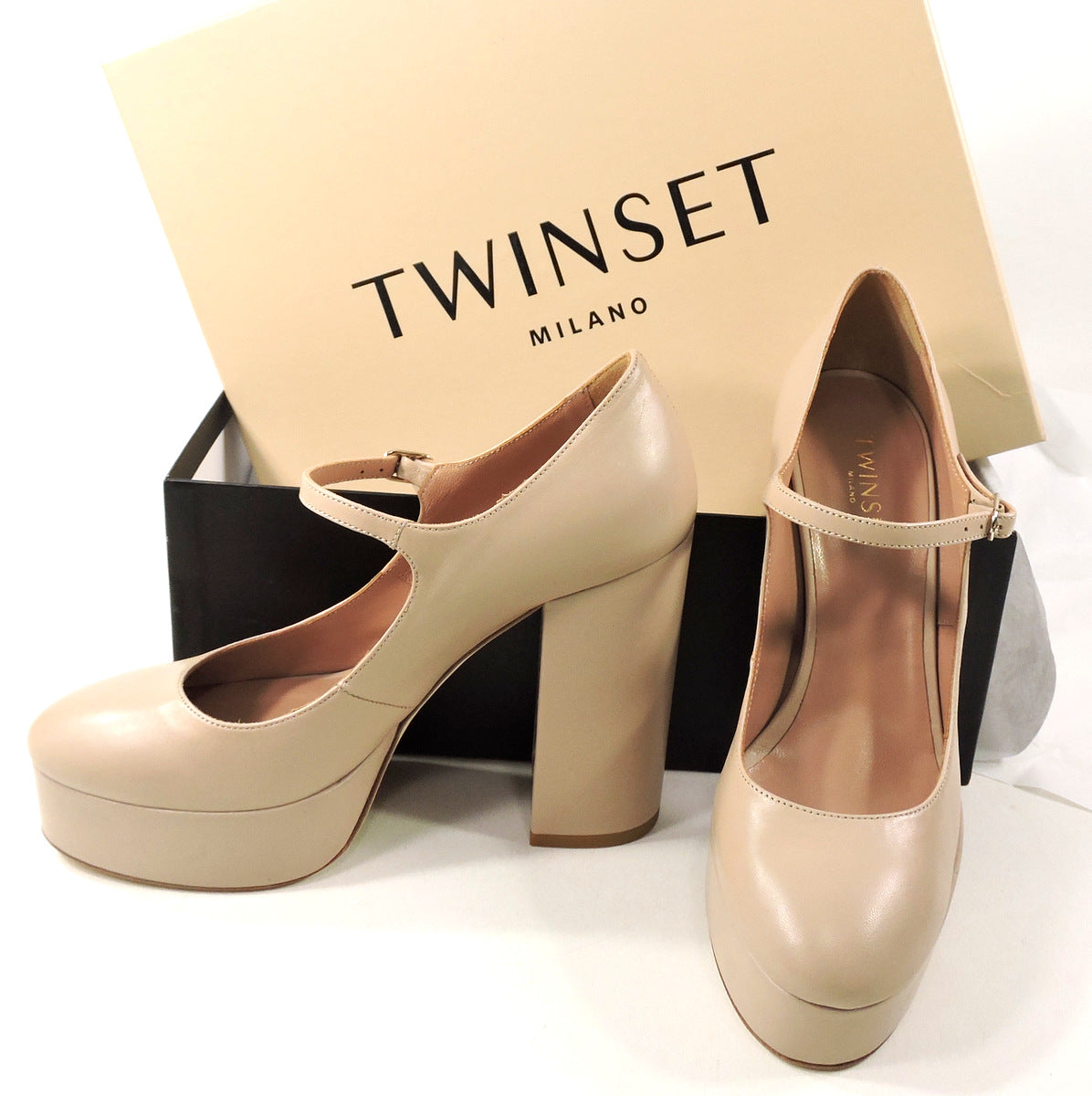TWINSET 🇮🇹 WOMEN'S BEIGE SOFT LEATHER COMFORT PLATFORM PUMPS