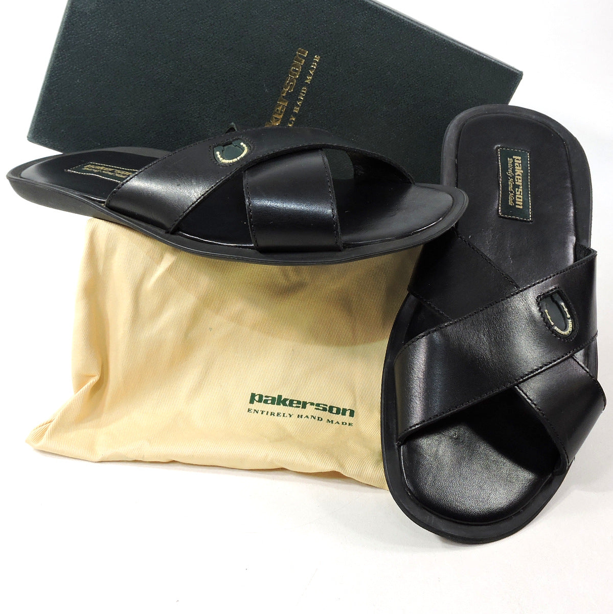 PAKERSON 🇮🇹 MEN'S BLACK LEATHER COMFORT FLAT SUMMER SANDALS