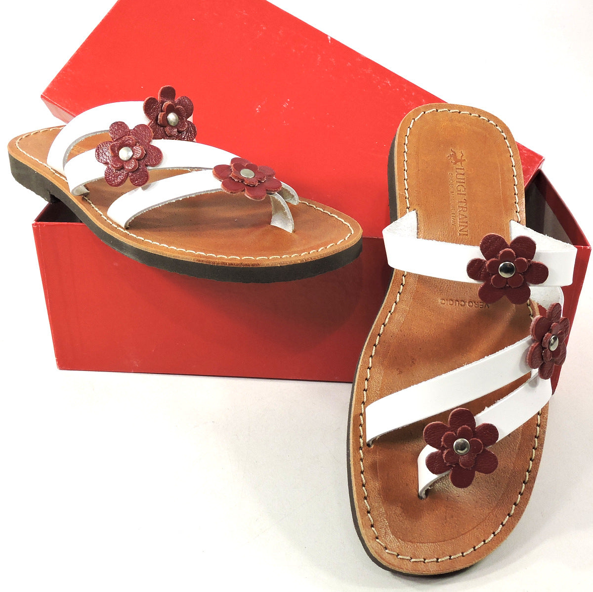 LUIGI TRAINI 🇮🇹 WOMEN'S WHITE SOFT LEATHER FLAT SUMMER SANDALS