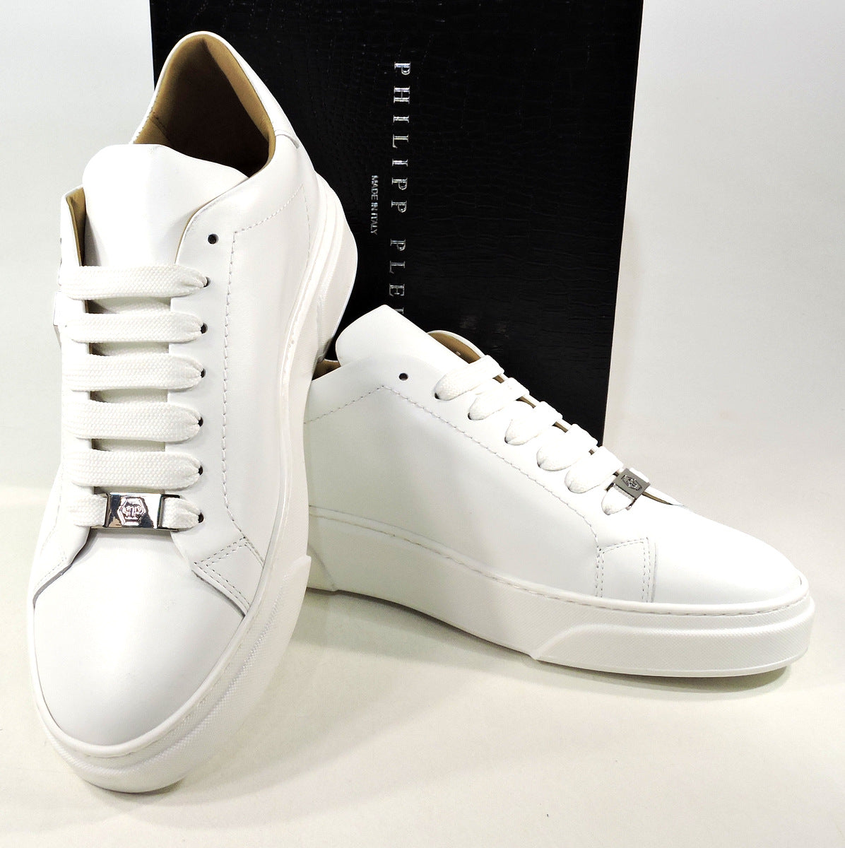PHILIPP PLEIN š®š¹ MEN'S FASHION WHITE LEATHER COMFORT SNEAKERS