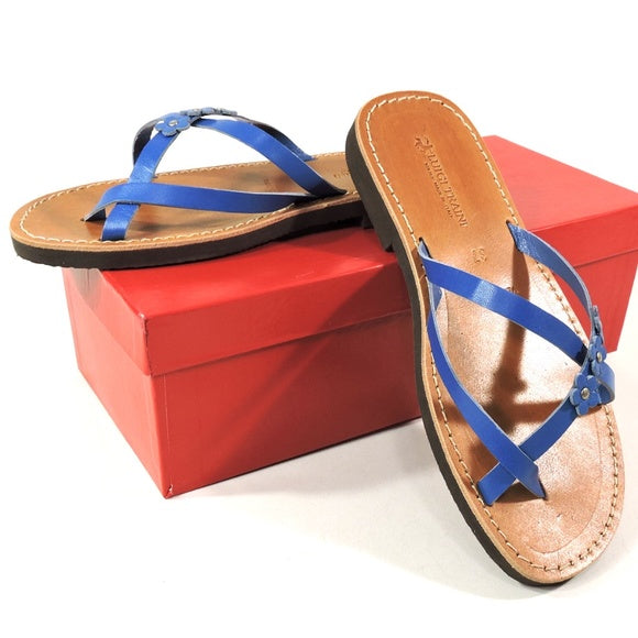 LUIGI TRAINI🇮🇹 WOMEN'S BLUE LEATHER FLAT SUMMER SANDALS