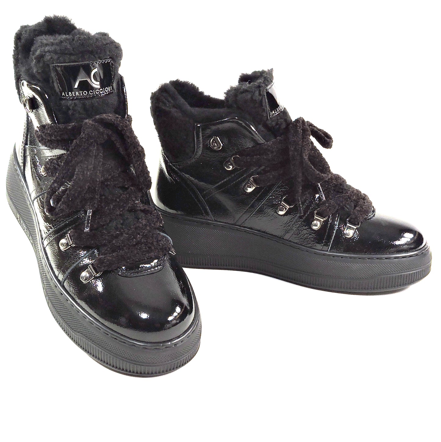 ALBERTO CICCIOLI 🇮🇹 WOMEN'S BLACK PATENT LEATHER ANKLE COMFORT BOOTIES 37 EU