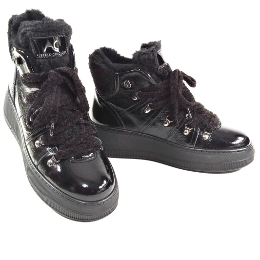 ALBERTO CICCIOLI 🇮🇹 WOMEN'S BLACK PATENT LEATHER ANKLE COMFORT BOOTIES 37 EU