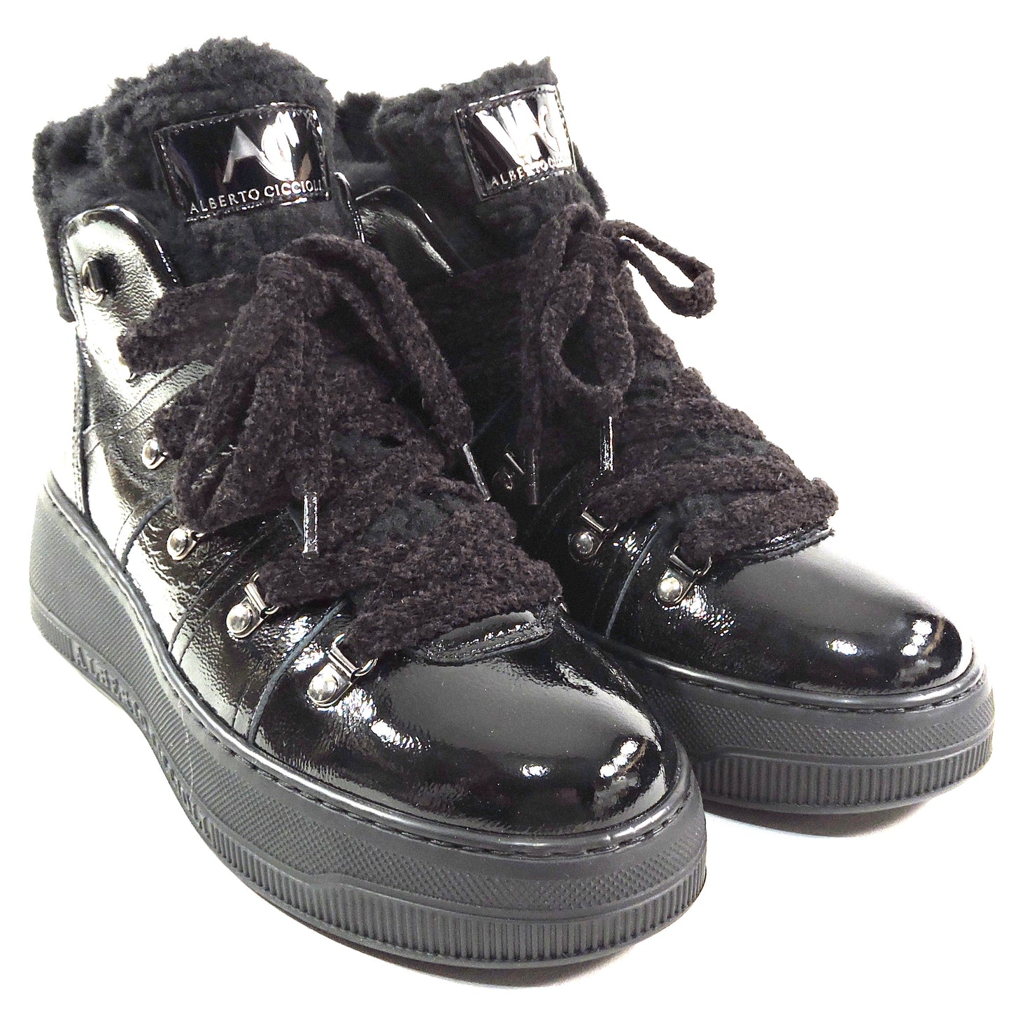 ALBERTO CICCIOLI 🇮🇹 WOMEN'S BLACK PATENT LEATHER ANKLE COMFORT BOOTIES 37 EU