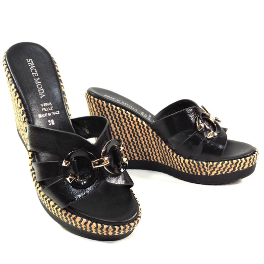 SPACE MODA BY REPO 🇮🇹 WOMEN'S BLACK SOFT LEATHER COMFORT WEDGE SUMMER MULES