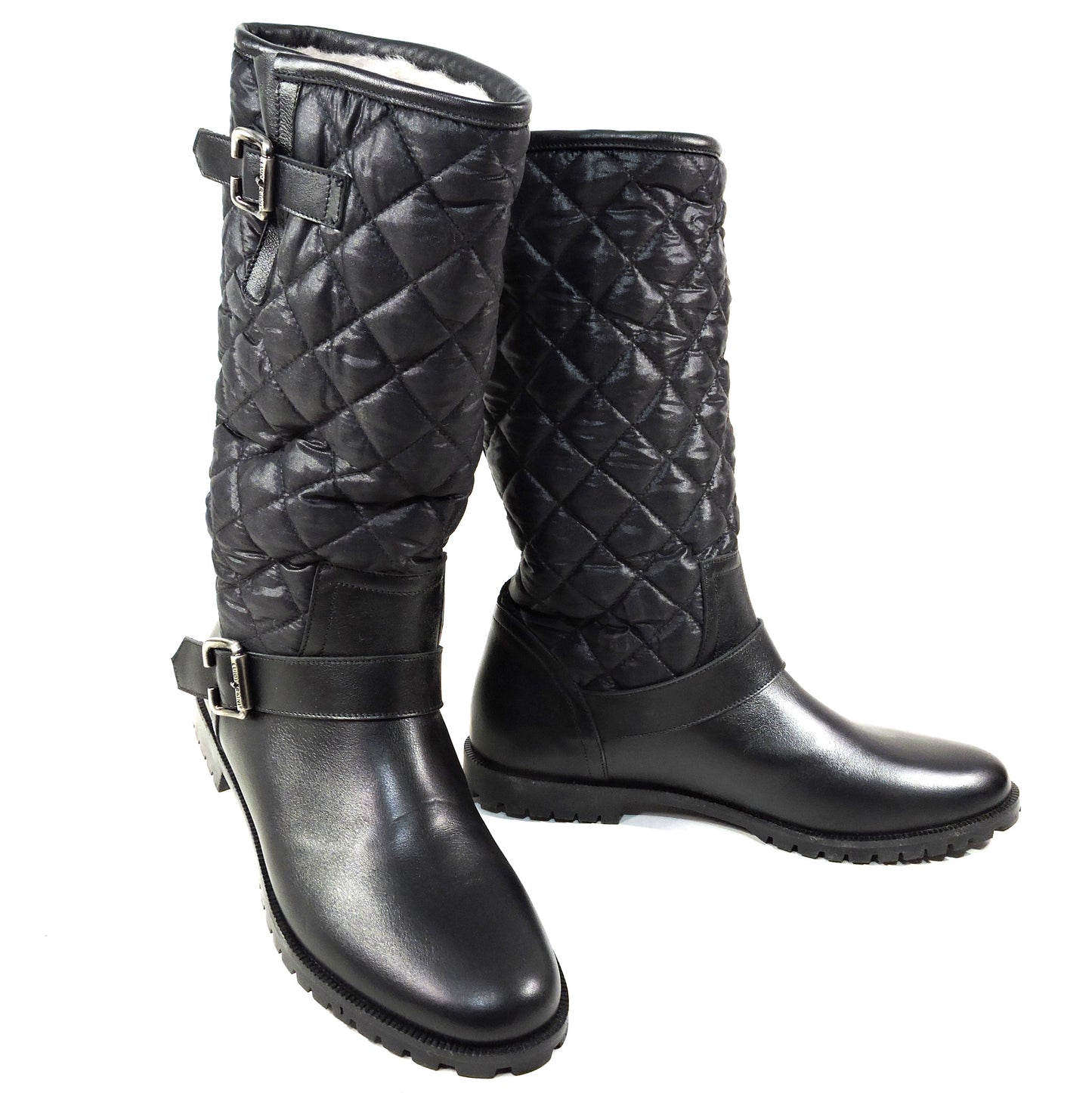 LUIGI TRAINI 🇮🇹 WOMEN'S BLACK LEATHER & FABRIC MERINO FUR WINTER BOOTS