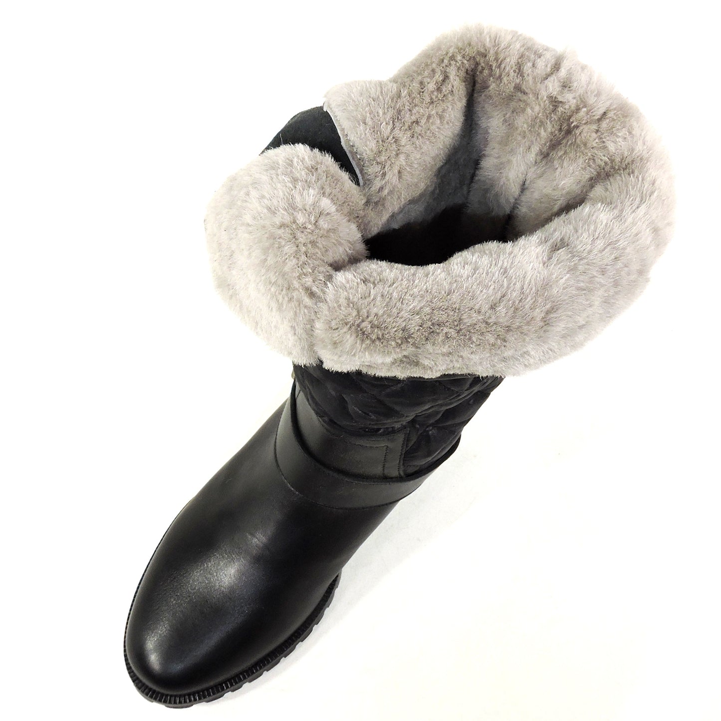 LUIGI TRAINI 🇮🇹 WOMEN'S BLACK LEATHER & FABRIC MERINO FUR WINTER BOOTS