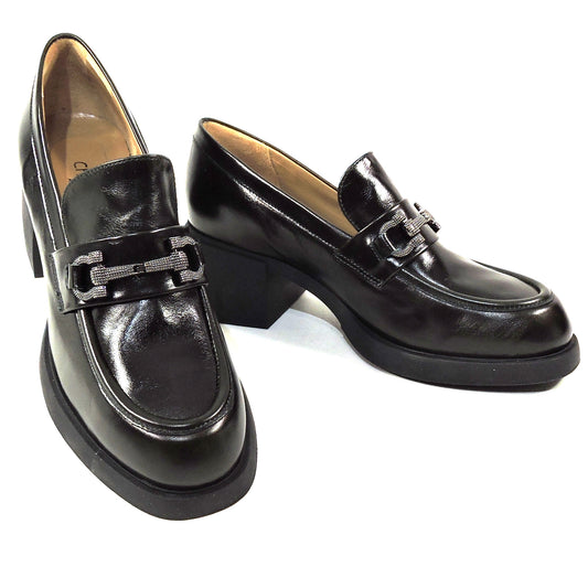 CHIARA COLINI 🇮🇹 WOMEN'S BLACK SOFT LEATHER COMFORT HEELED LOFERS