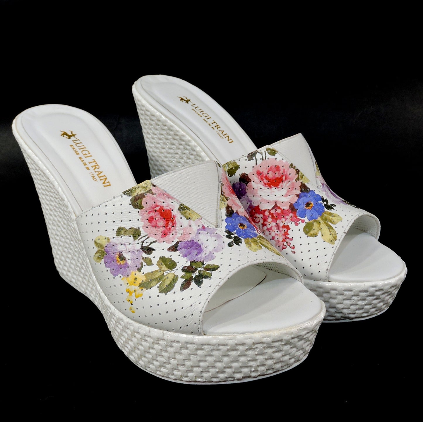 LUIGI TRAINI 🇮🇹 WOMEN'S WHITE LEATHER COMFORT WEDGE MULES