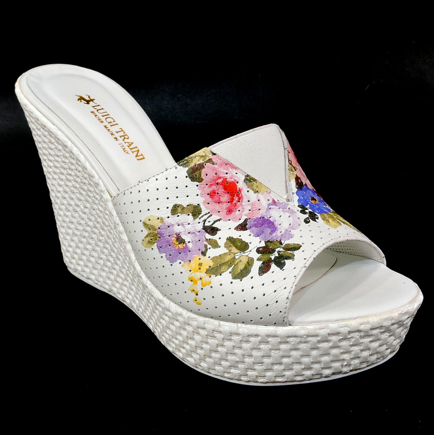 LUIGI TRAINI 🇮🇹 WOMEN'S WHITE LEATHER COMFORT WEDGE MULES