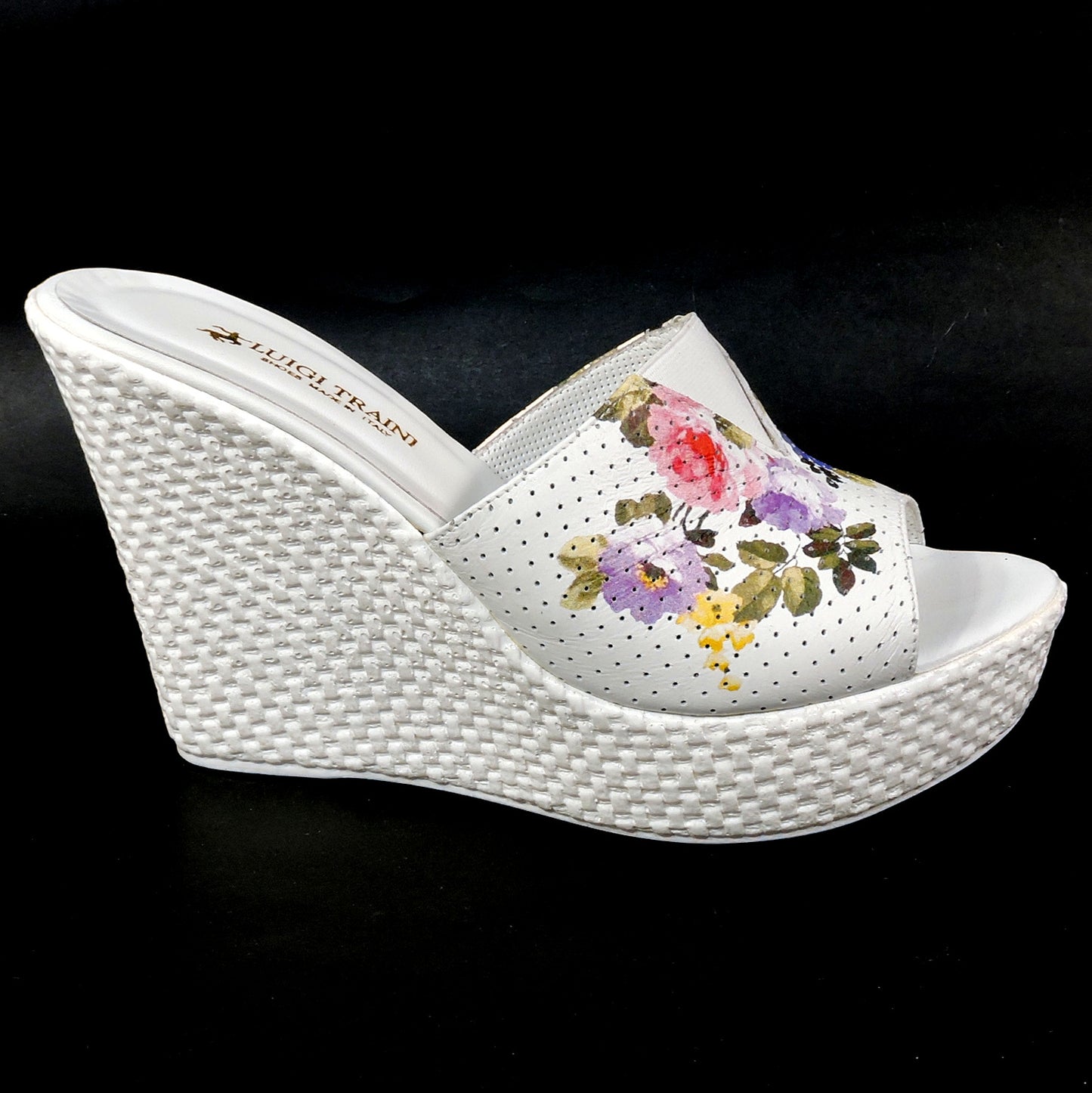 LUIGI TRAINI 🇮🇹 WOMEN'S WHITE LEATHER COMFORT WEDGE MULES