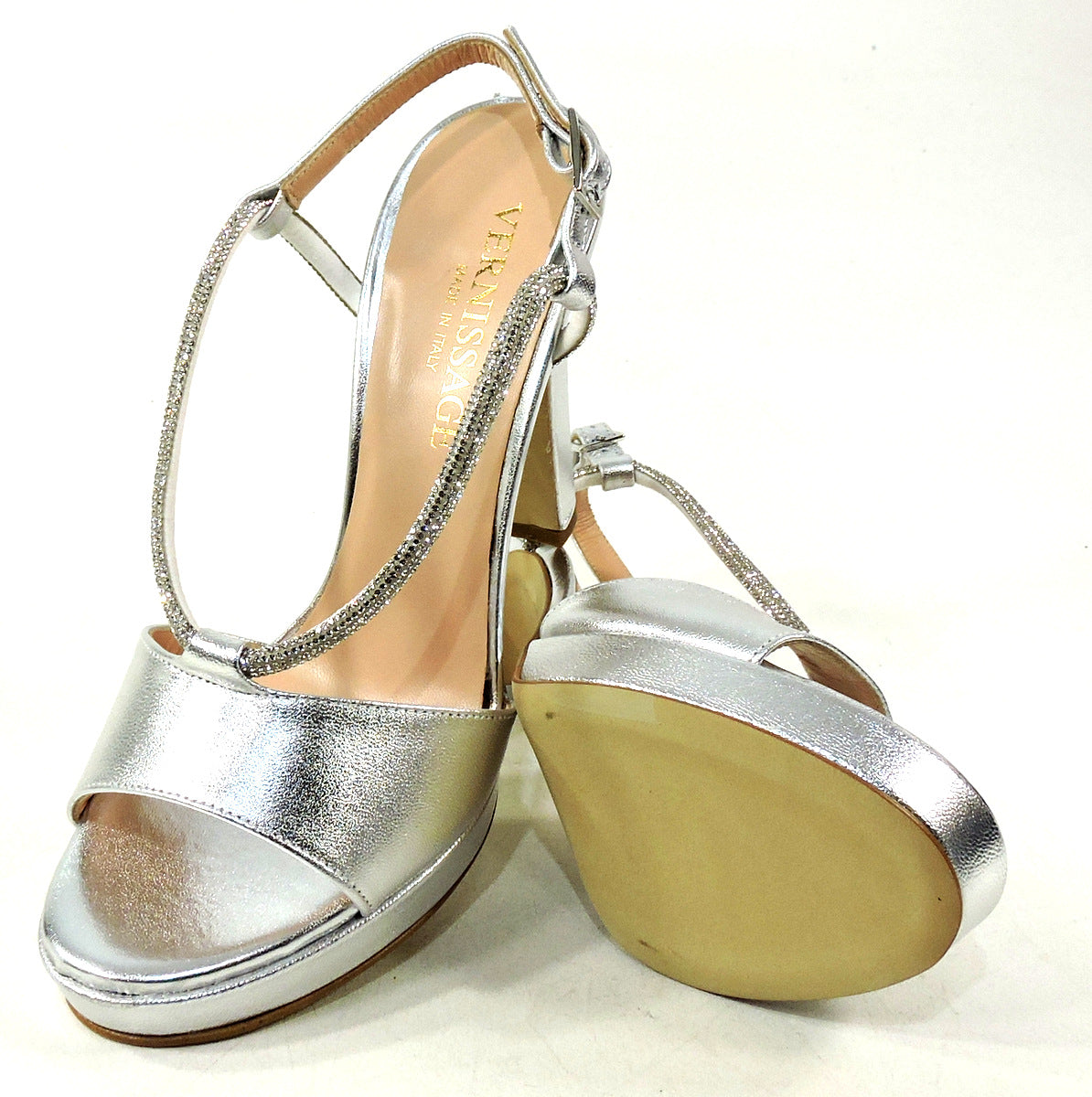 VERNISSAGE 🇮🇹 WOMEN'S SILVER LEATHER FASHION HEELED SANDALS