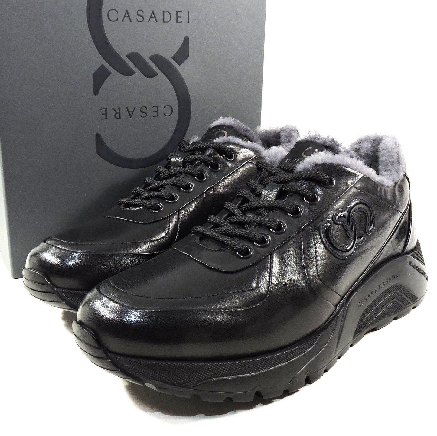 CASADEI 🇮🇹 MEN'S BLACK SOFT LEATHER LAMB FUR FASHION WINTER SNEAKERS