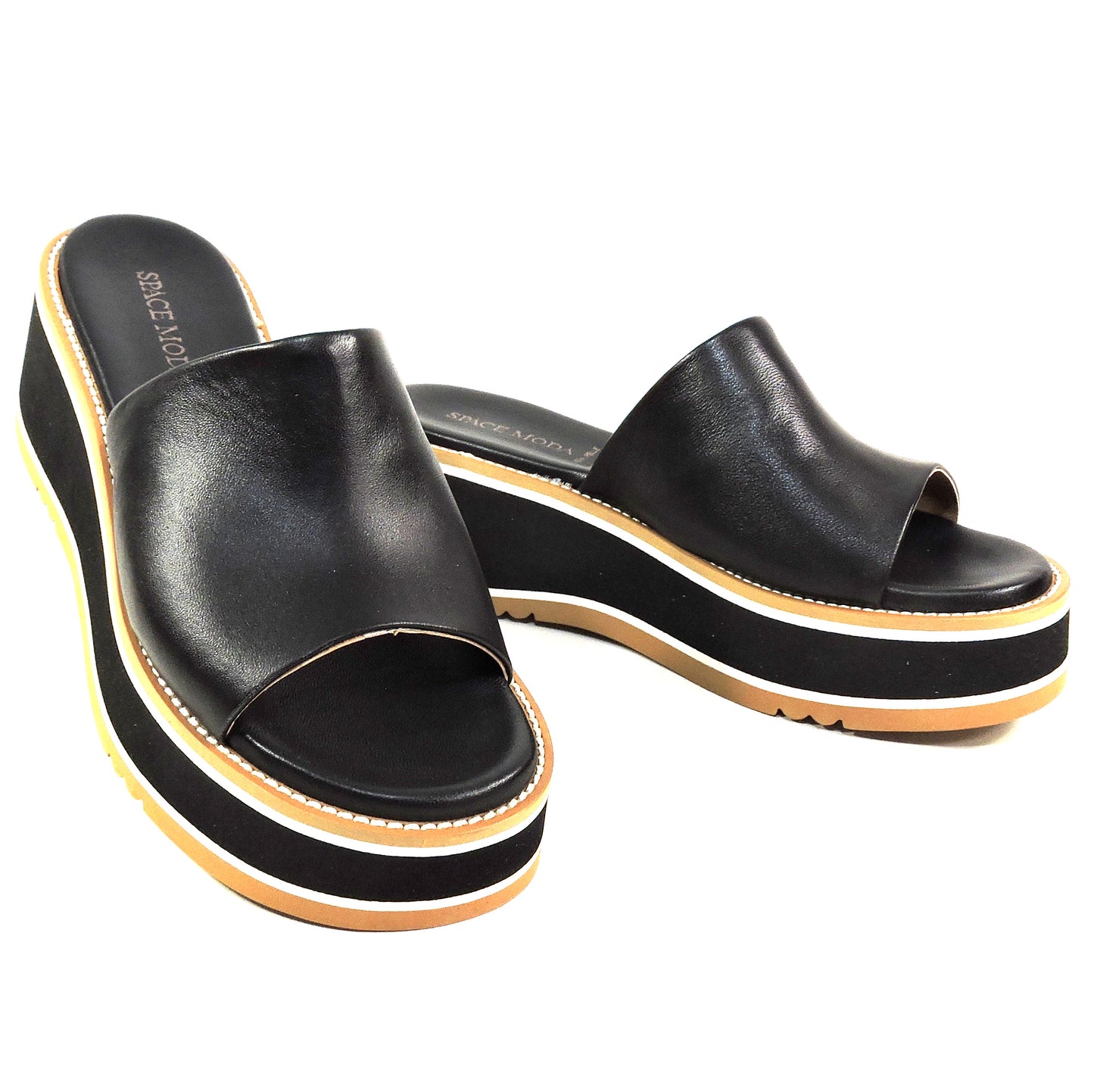 SPACE MODA BY REPO 🇮🇹 WOMEN'S BLACK SOFT LEATHER COMFORT SUMMER WEDGE MULES