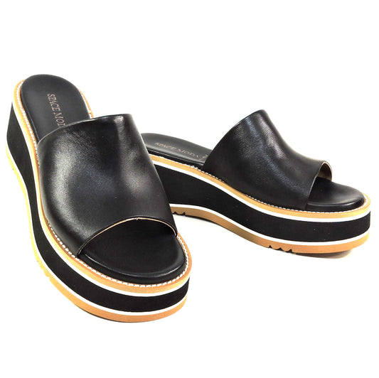 SPACE MODA BY REPO 🇮🇹 WOMEN'S BLACK SOFT LEATHER COMFORT SUMMER WEDGE MULES