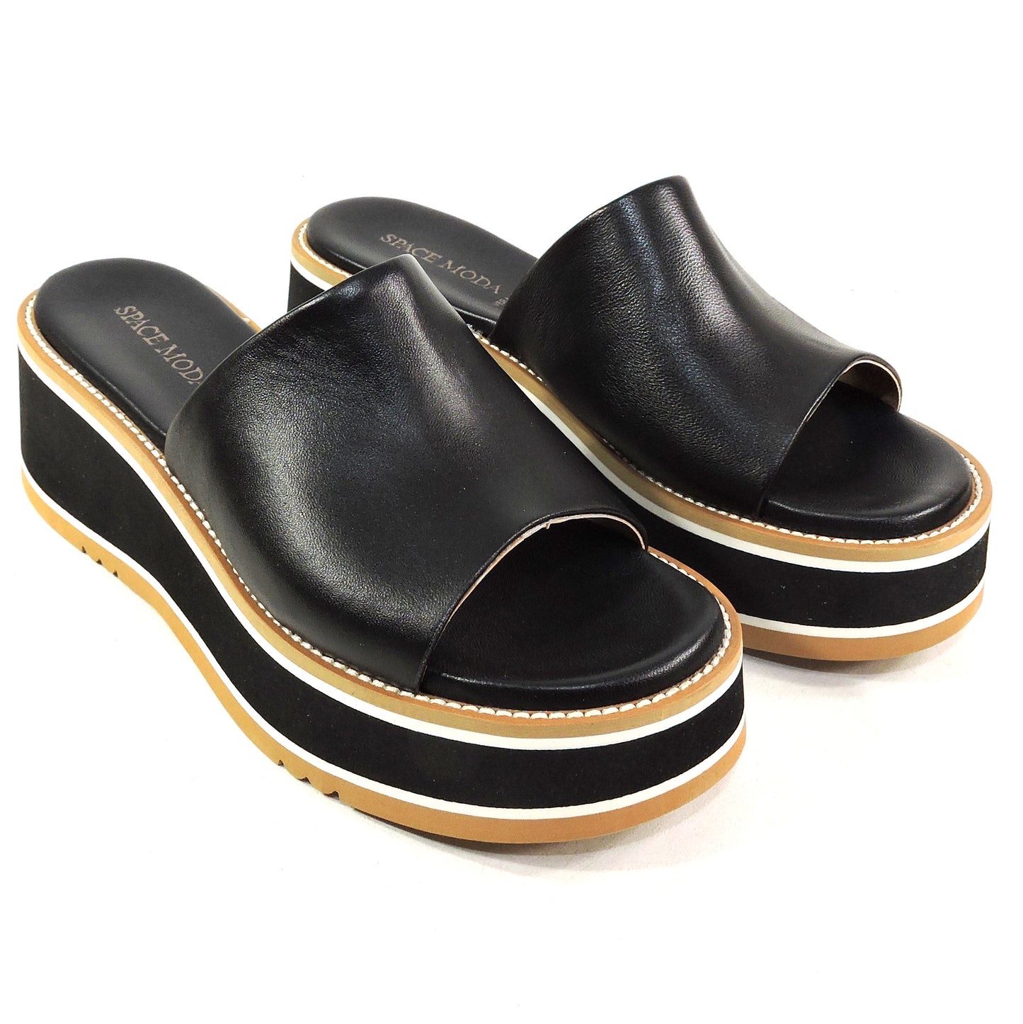 SPACE MODA BY REPO 🇮🇹 WOMEN'S BLACK SOFT LEATHER COMFORT SUMMER WEDGE MULES