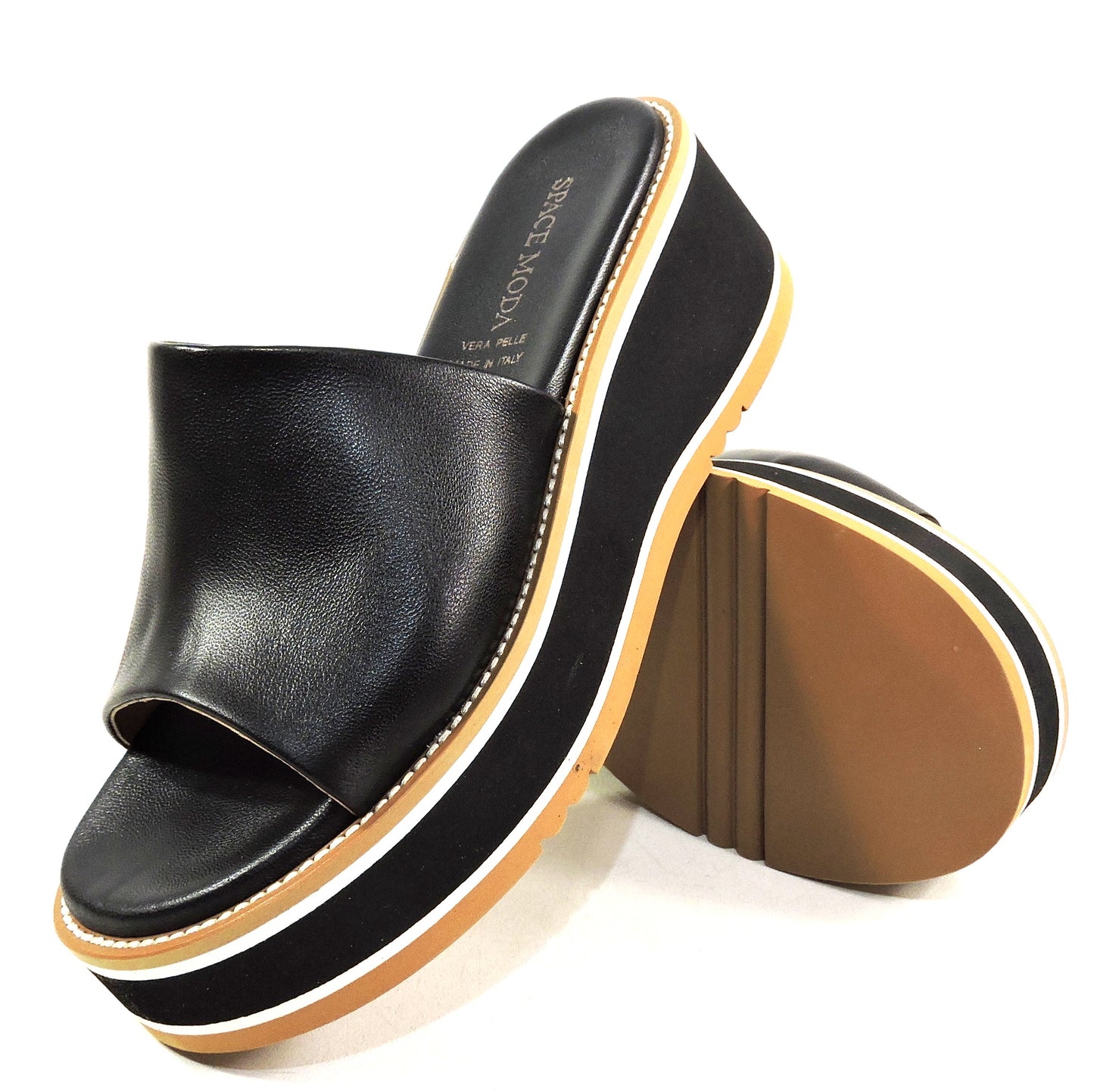 SPACE MODA BY REPO 🇮🇹 WOMEN'S BLACK SOFT LEATHER COMFORT SUMMER WEDGE MULES