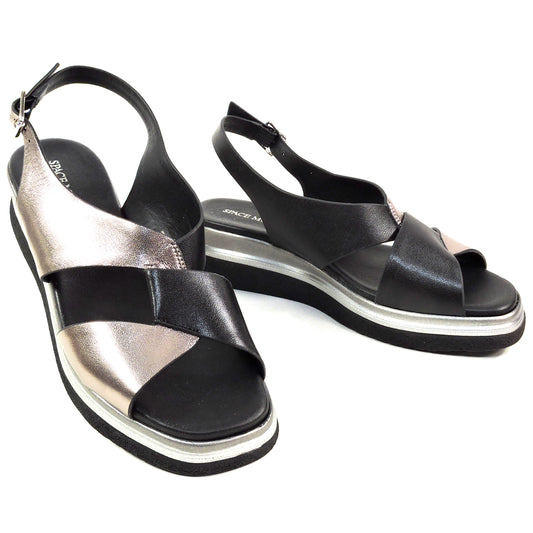 SPACE MODA BY REPO 🇮🇹 WOMEN'S BLACK SOFT LEATHER COMFORT SUMMER WEDGE SANDALS