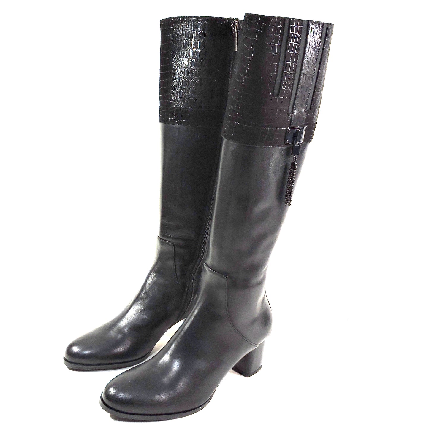 LUIGI TRAINI 🇮🇹 WOMEN'S SOFT BLACK LEATHER COMFORT WINTER LAMB FUR HIGTH BOOTS