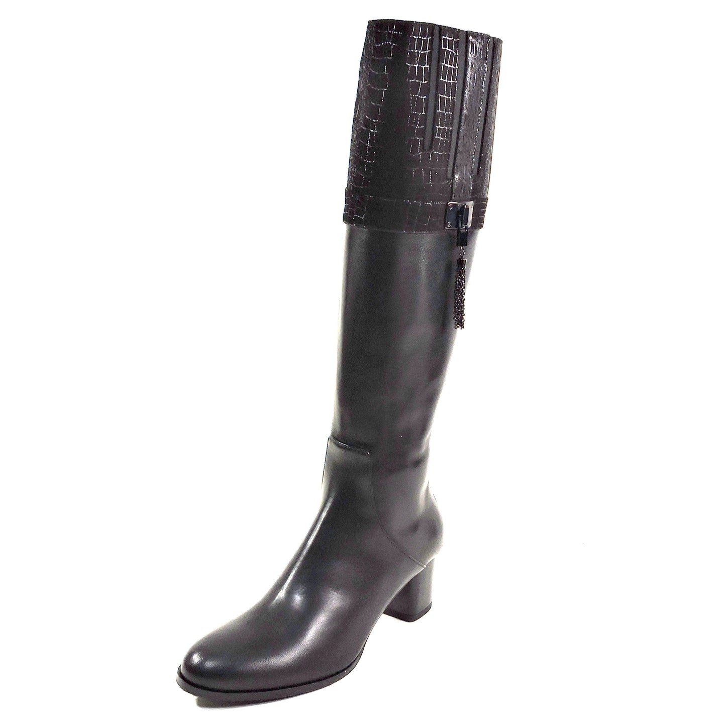 LUIGI TRAINI 🇮🇹 WOMEN'S SOFT BLACK LEATHER COMFORT WINTER LAMB FUR HIGTH BOOTS