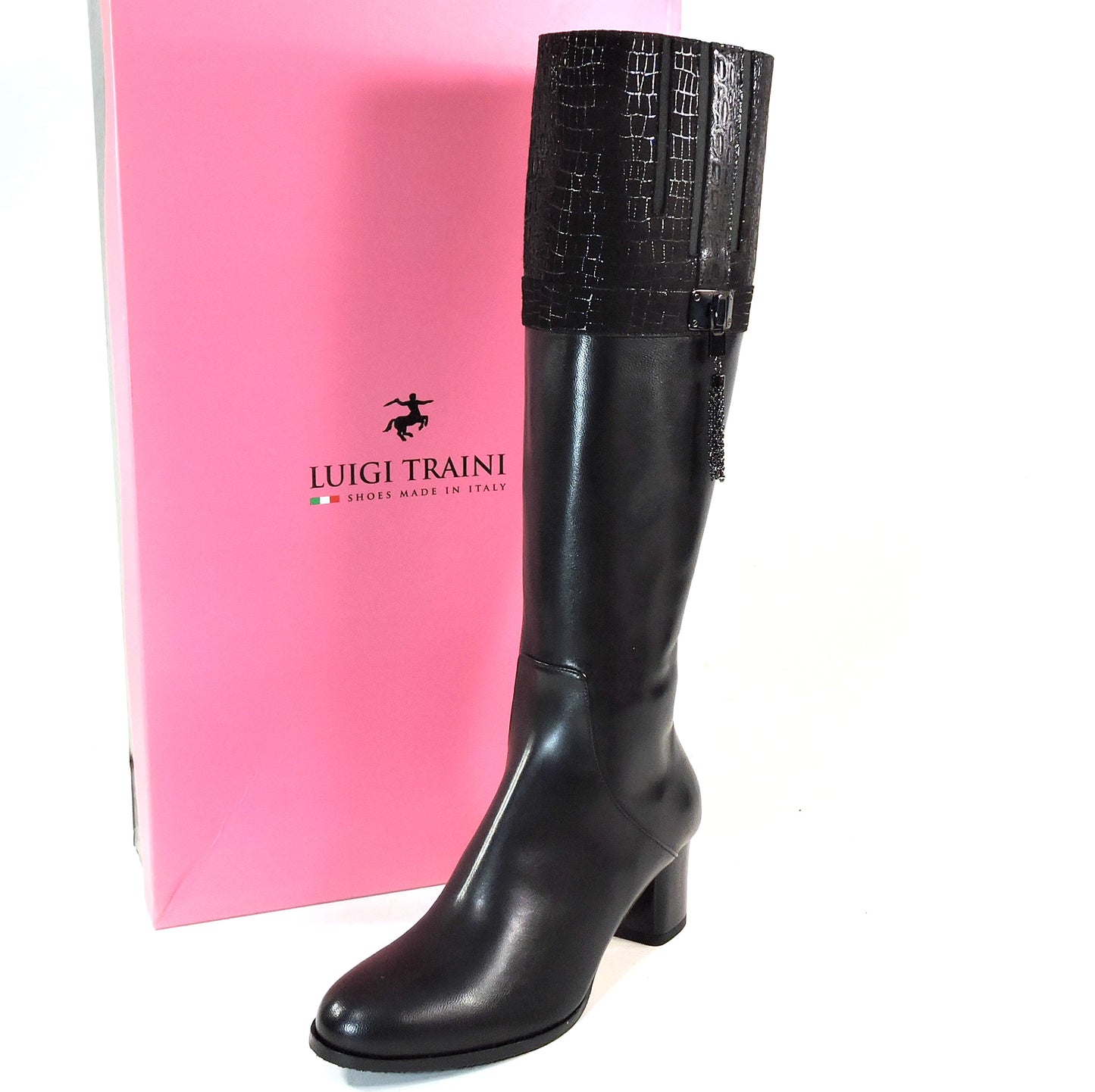 LUIGI TRAINI 🇮🇹 WOMEN'S SOFT BLACK LEATHER COMFORT WINTER LAMB FUR HIGTH BOOTS