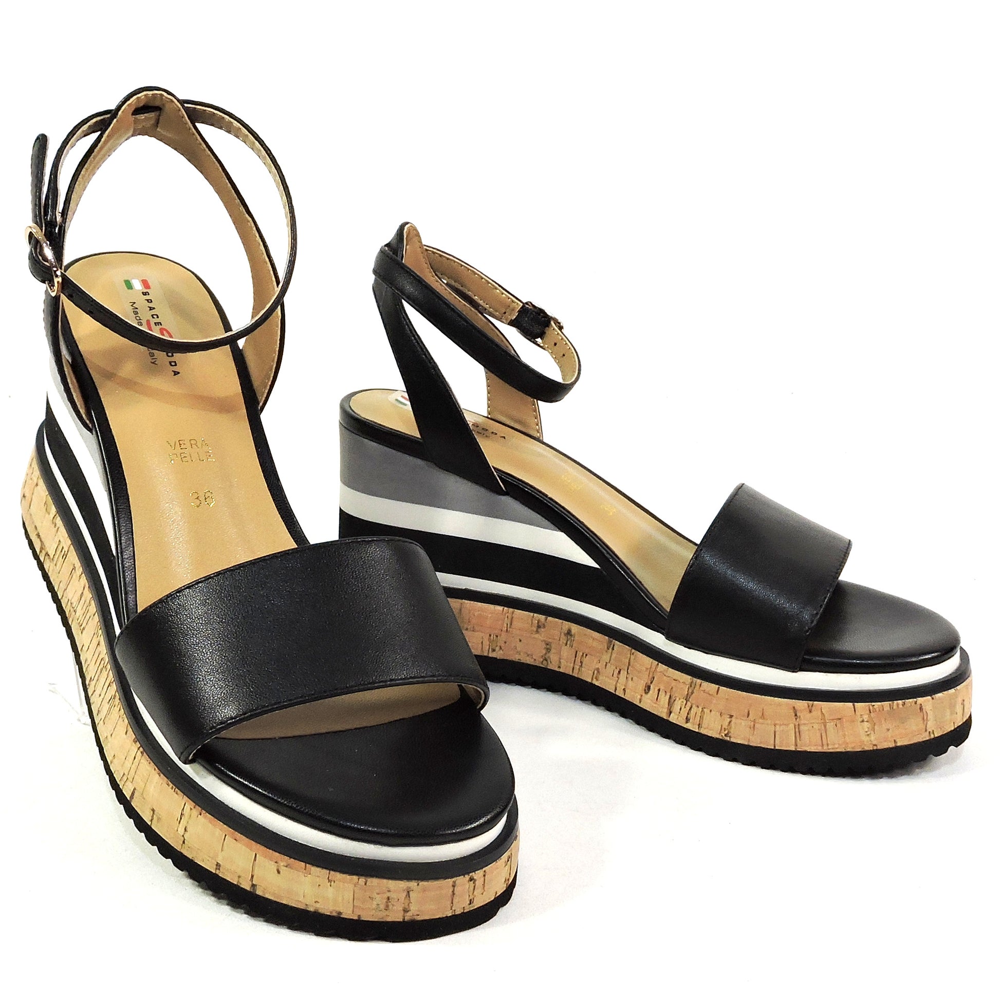 SPACE MODA BY REPO 🇮🇹 WOMEN'S BLACK SOFT LEATHER COMFORT SUMMER WEDGE SANDALS